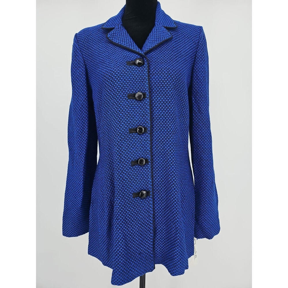 Toula Women's Wool Blazer 8 Blue Knit Sweater Black Faux Leather Buttons‎